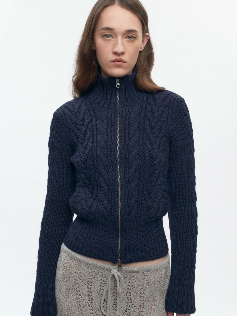 KOTN Cable Zip Sweater in Midnight Navy